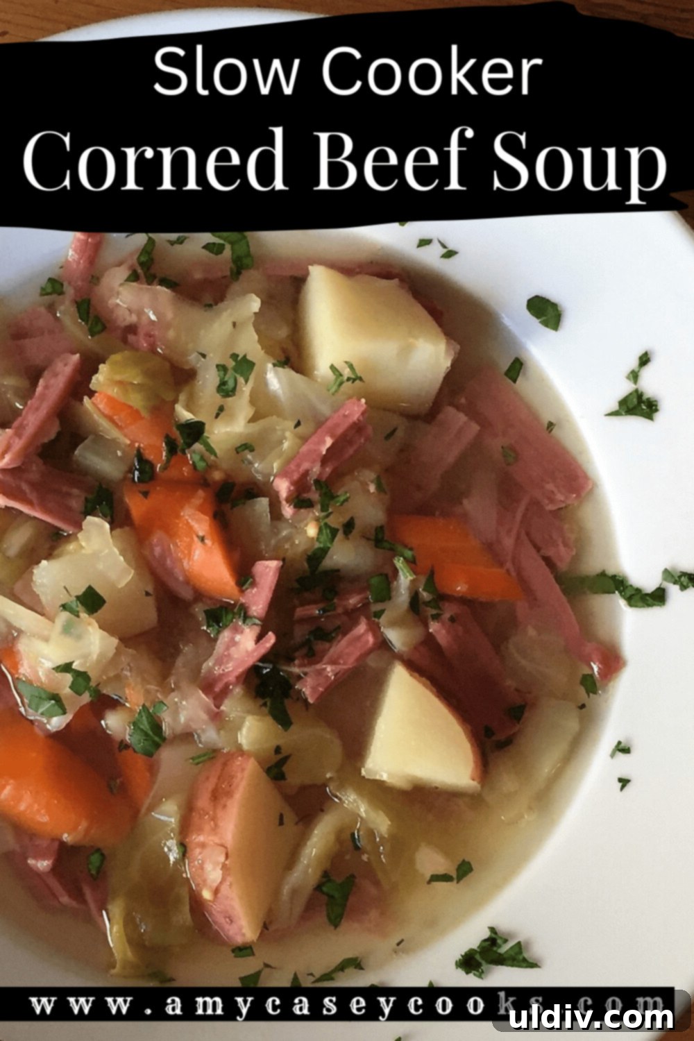 Slow Cooker Corned Beef Soup 5 hearty bowl of soup with cabbage, potatoes, carrots and cabbage.