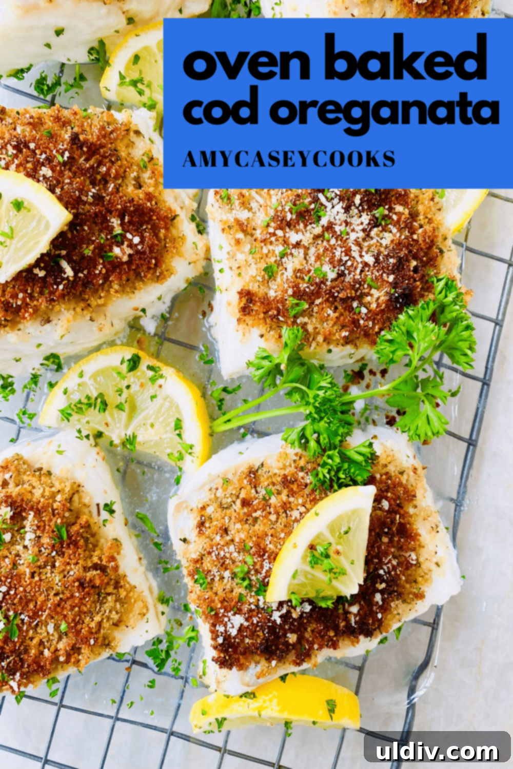 Baked Cod with Herbed Breadcrumbs 11 A dish of baked cod with a crispy, seasoned breadcrumb topping, garnished with fresh herbs and a lemon wedge, photographed from an inviting angle.
