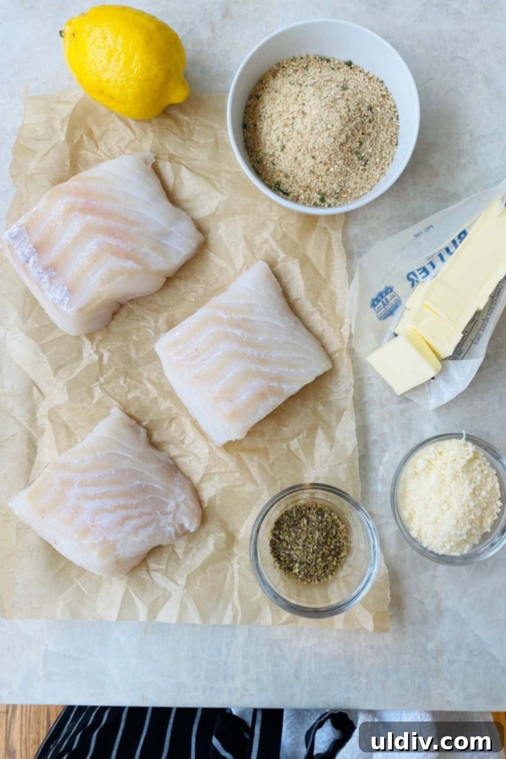 Golden Crusted Cod Oreganata 3 Cod, lemon, bread crumbs, Parmesan cheese, and butter.