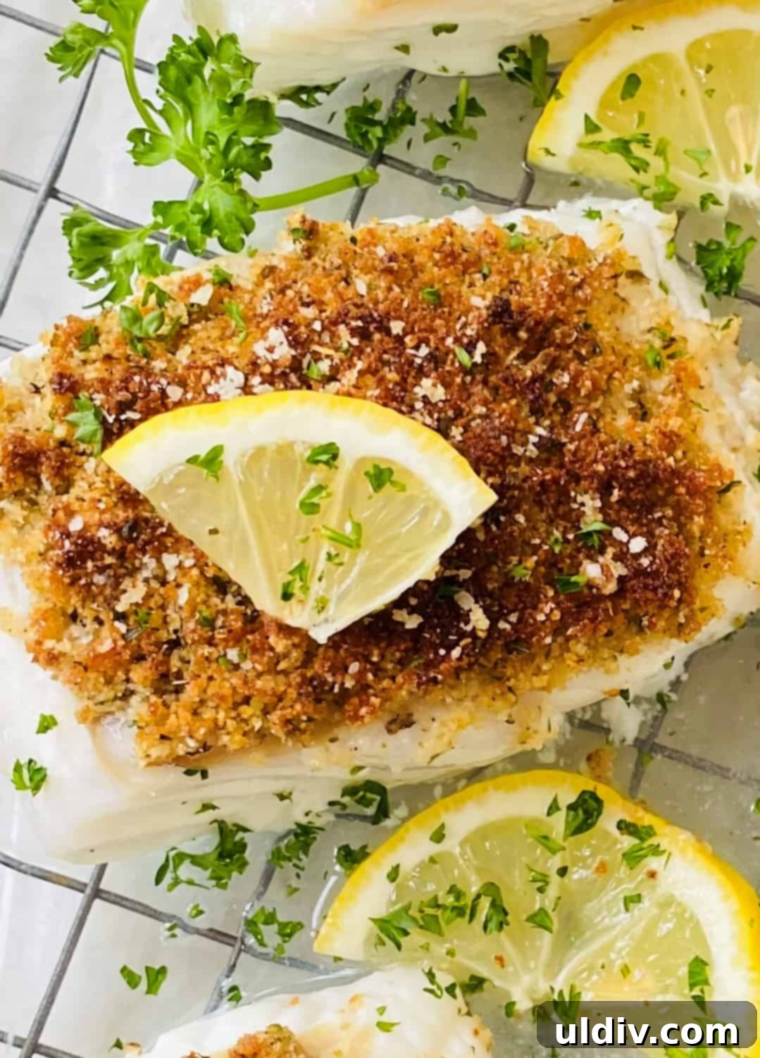 Baked Cod with Herbed Breadcrumbs 8 A close-up of a single serving of oven-baked cod oreganata, featuring a golden, crispy crumb topping and a fresh lemon slice on top.