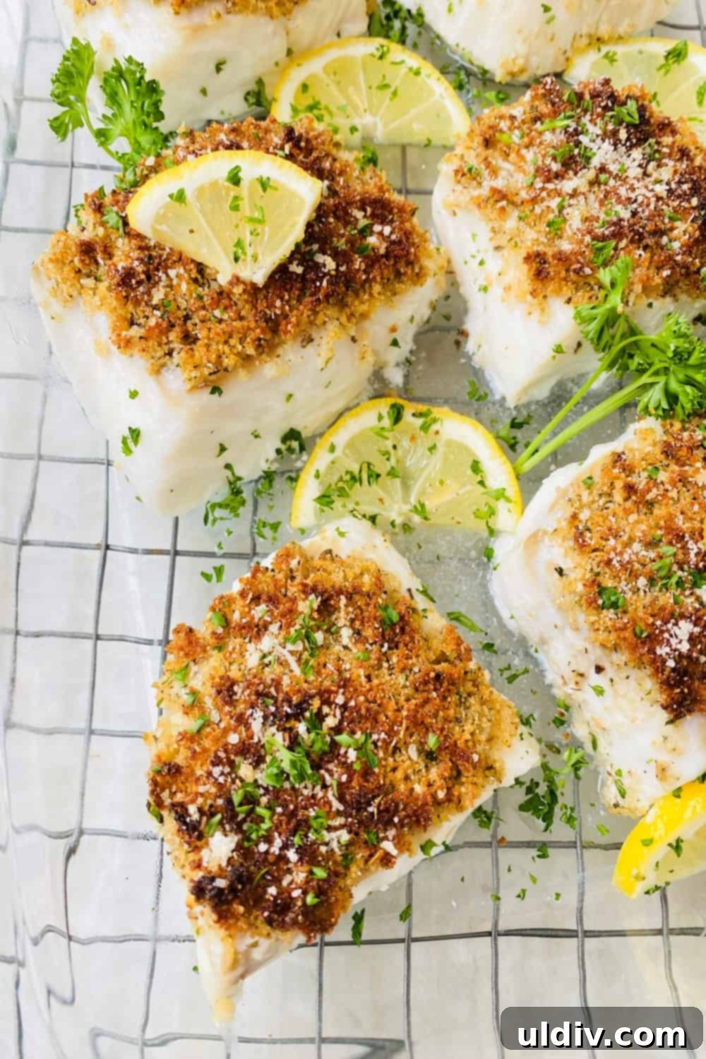 Baked Cod with Herbed Breadcrumbs 9 Close-up of a bowl filled with a mixture of seasoned breadcrumbs, grated Parmesan cheese, and fresh herbs, ready to be used for oreganata.
