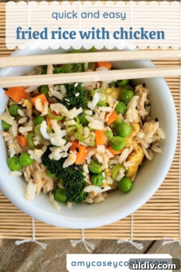 Homemade Fried Rice and Chicken Beats Takeout 6 A delightful bowl of chicken fried rice, garnished with fresh green onions and sesame seeds, with chopsticks poised to enjoy.