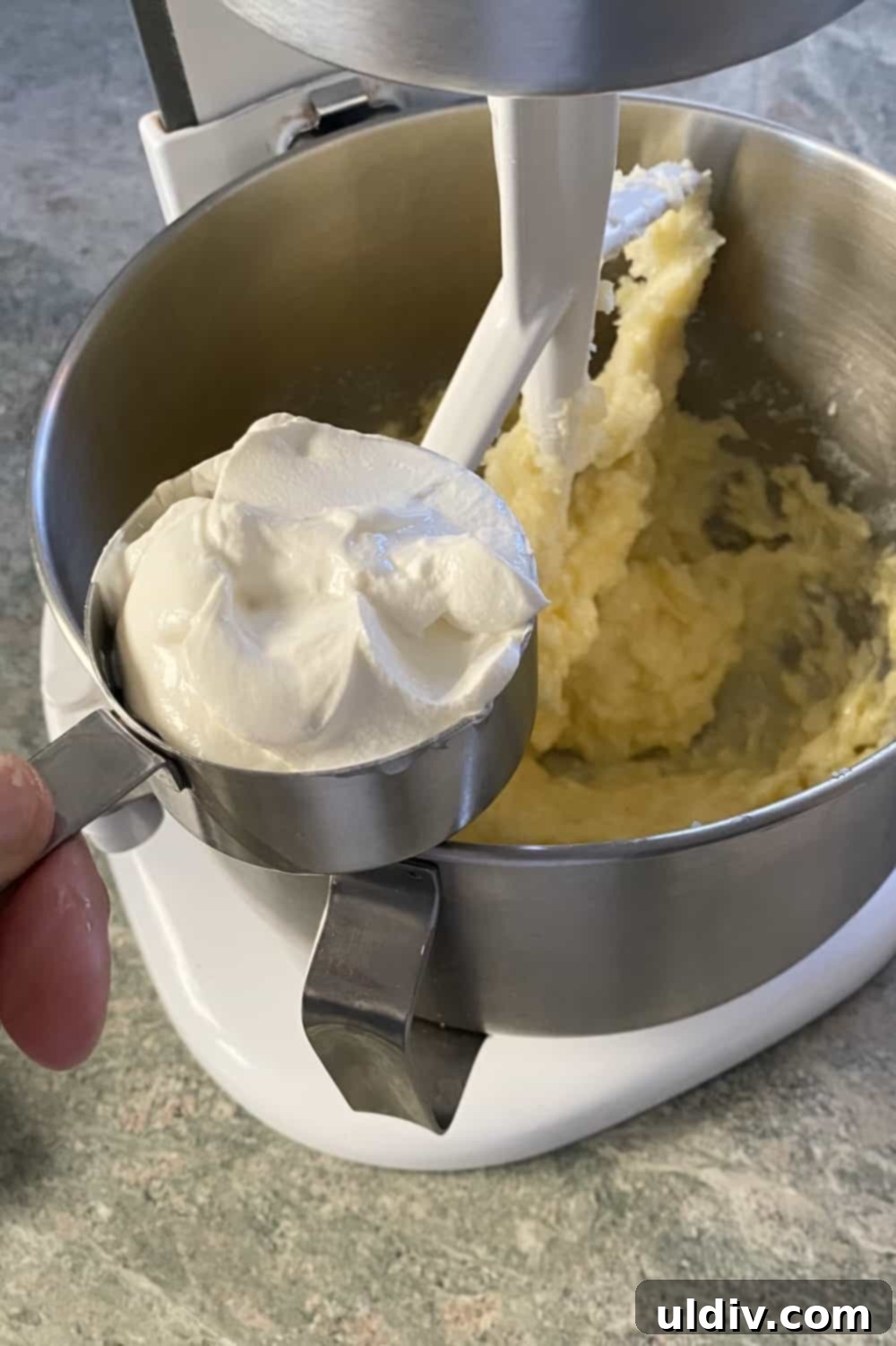 Signature Coffee Cake Muffins 4 Adding sour cream to a bowl of creamy batter during the muffin making process.