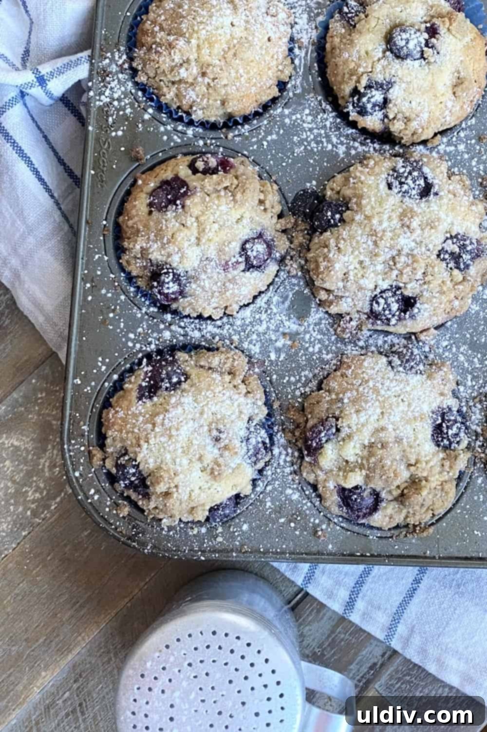 Signature Coffee Cake Muffins 7 A baking pan filled with golden-brown blueberry streusel muffins, fresh from the oven.