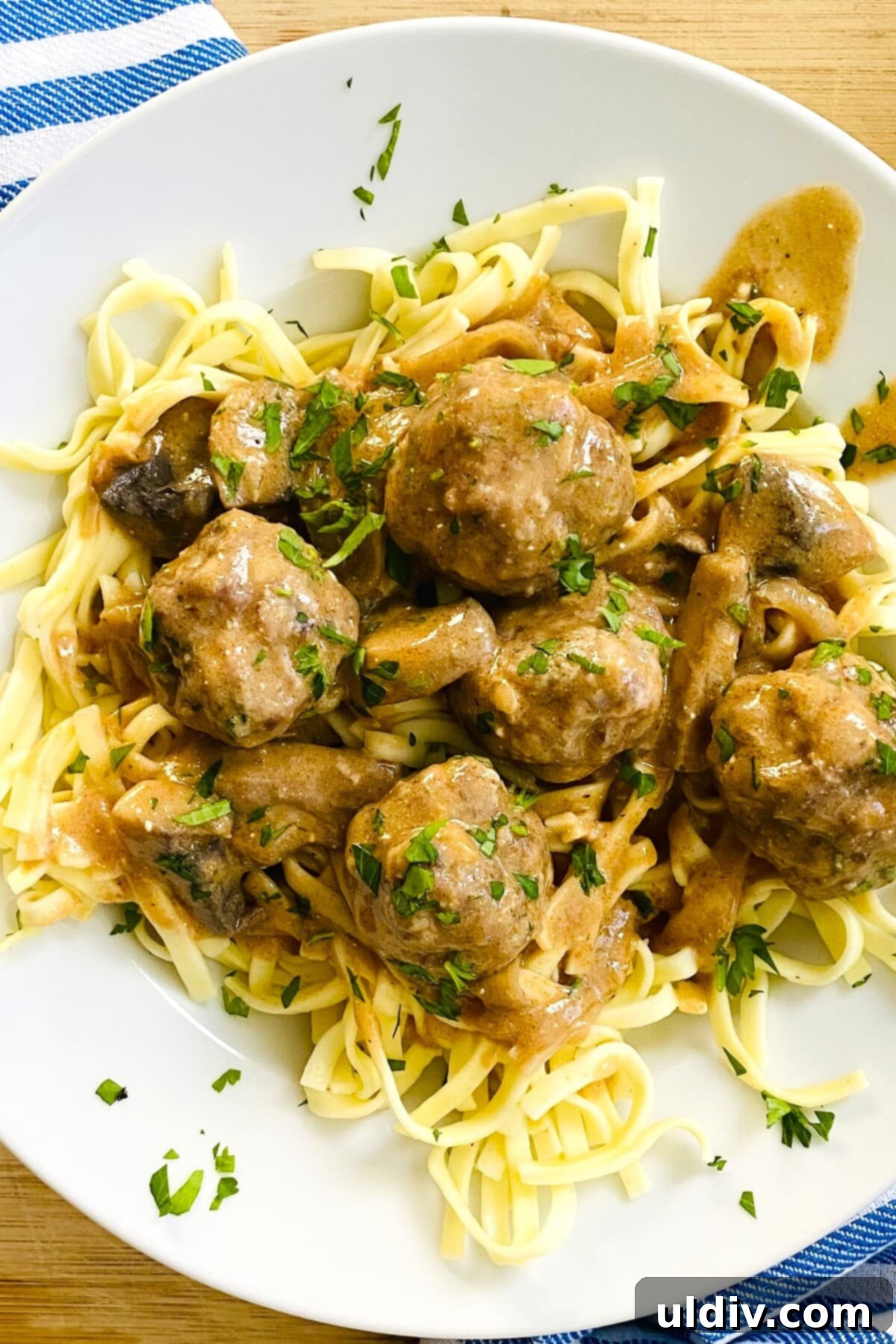 Quick and Easy Meatball Stroganoff 14 A close-up view of saucy homemade meatballs with creamy stroganoff gravy, beautifully plated over tender egg noodles and garnished with fresh parsley.