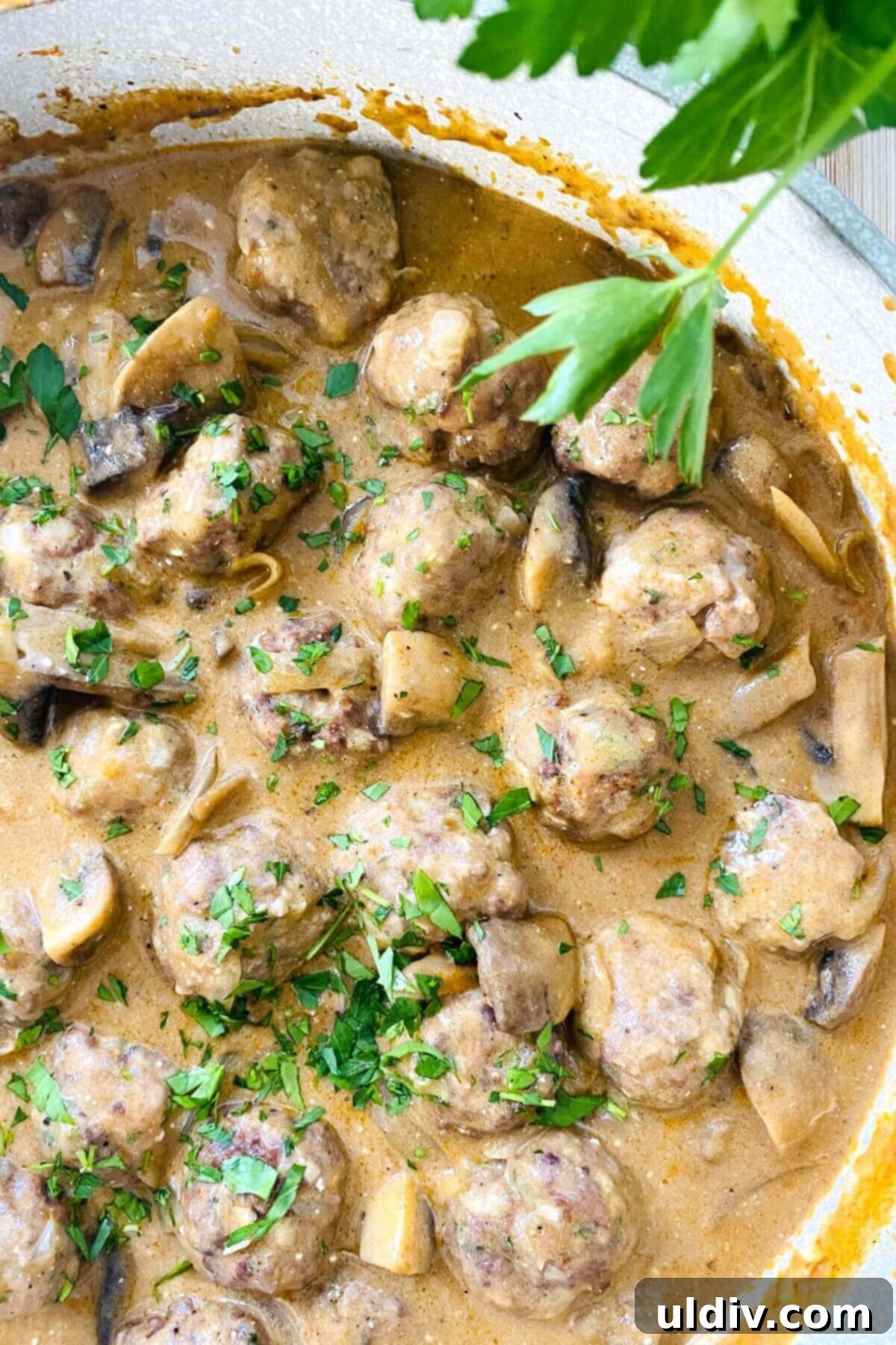 Quick and Easy Meatball Stroganoff 3 A large sauté pan brimming with creamy Meatball Stroganoff, ready to be dished out.
