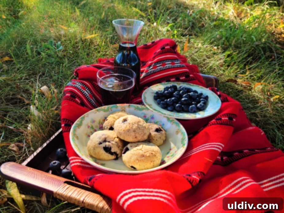 Summer's Sweetest Blueberry Creations 17 Soft blueberry and walnut cookies, served alongside a small dish of homemade blueberry syrup, on a rustic surface.