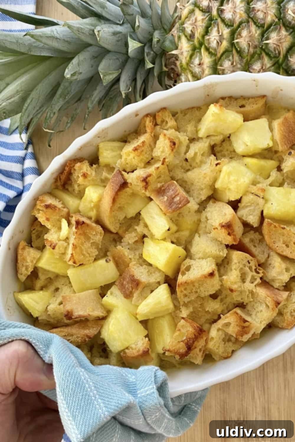 Tropical Pineapple Bread Pudding 2 baking dish with pineapple bread pudding