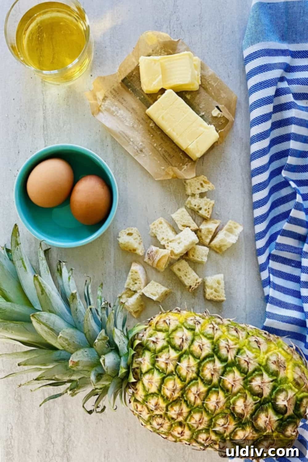 Tropical Pineapple Bread Pudding 3 fresh pineapple, bread cubes, apple juice, eggs, butter.