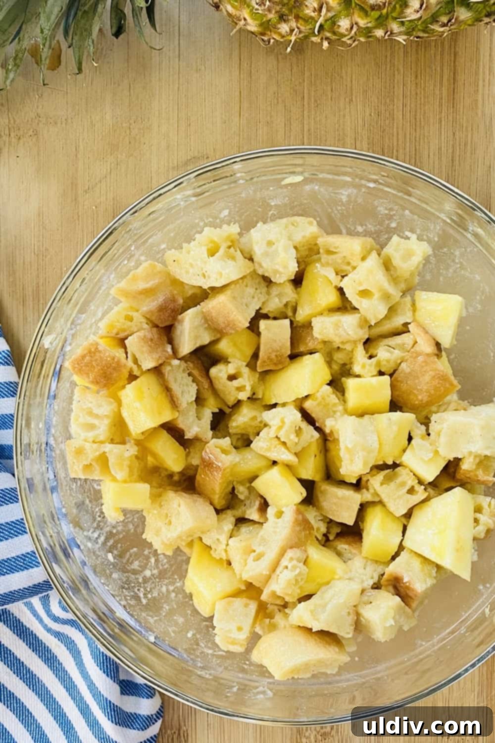 Sunshine Pineapple Bread Pudding 8 Pineapple bread pudding in a large glass bowl.