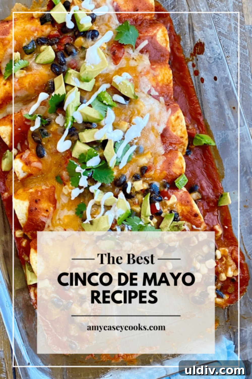 Veggies and bean enchiladas in a baking dish, symbolizing a festive Cinco de Mayo meal.