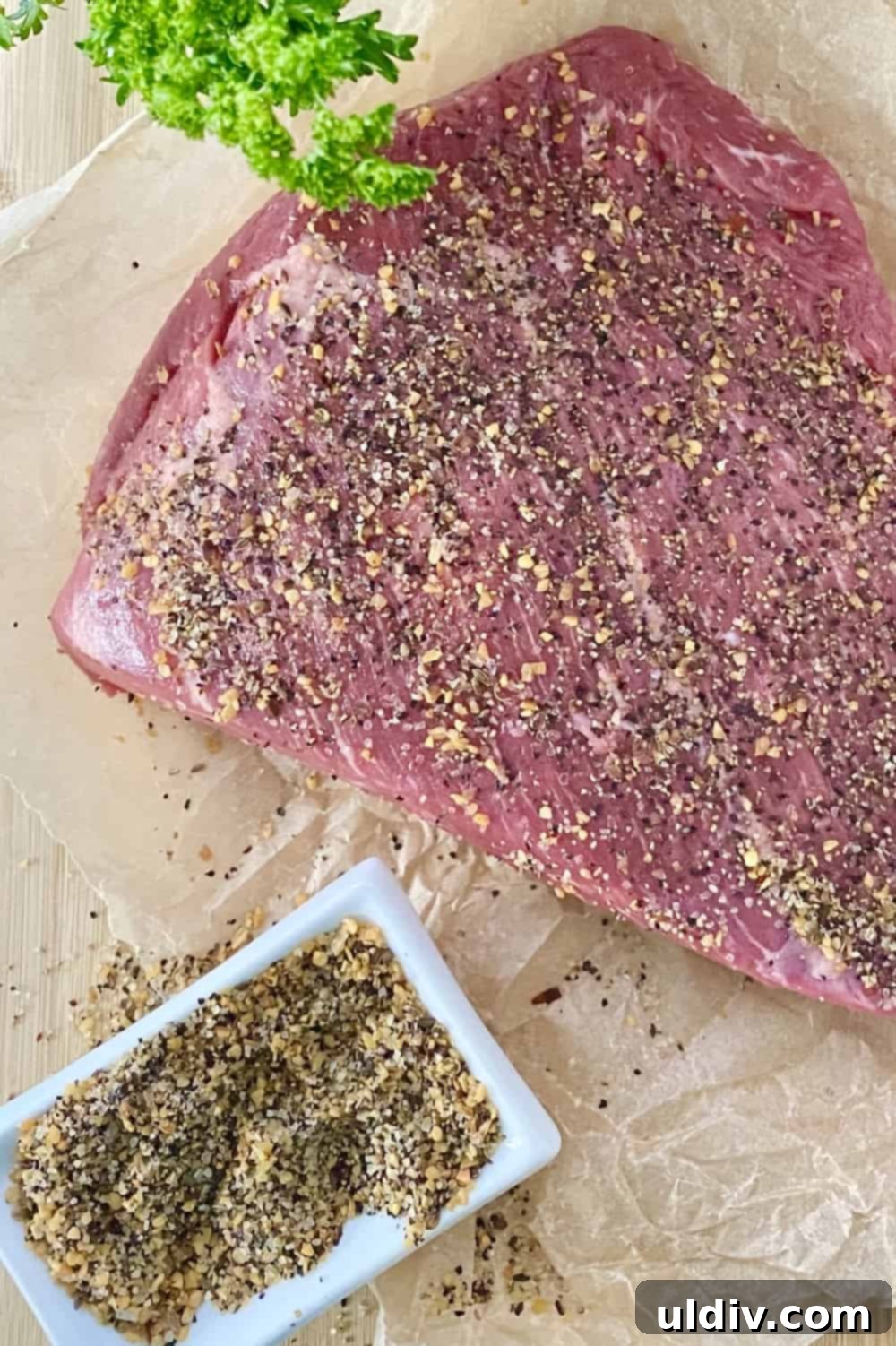 Tender Instant Pot BBQ Brisket Sandwiches 5 Brisket being liberally sprinkled with Montreal steak seasoning on a cutting board.