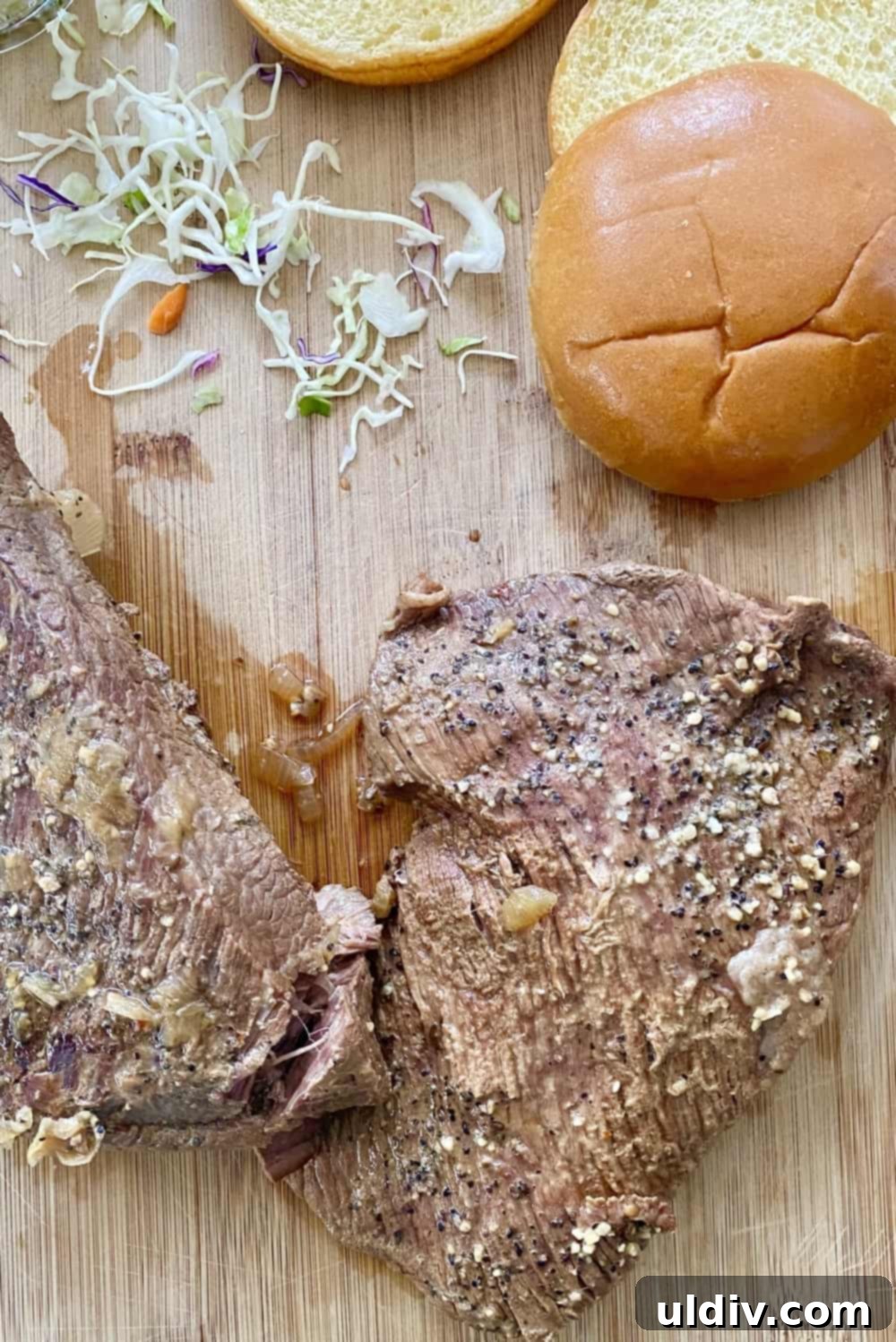 Tender Instant Pot BBQ Brisket Sandwiches 7 Close-up of perfectly cooked, tender beef brisket after coming out of the Instant Pot.