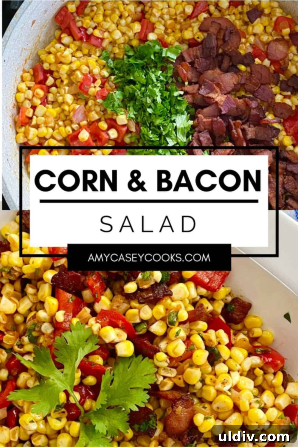 Smoky Bacon Sweet Corn Salad 12 A large serving bowl filled with Sauteed Sweet Corn and Bacon Salad, garnished with fresh herbs, ready to be enjoyed