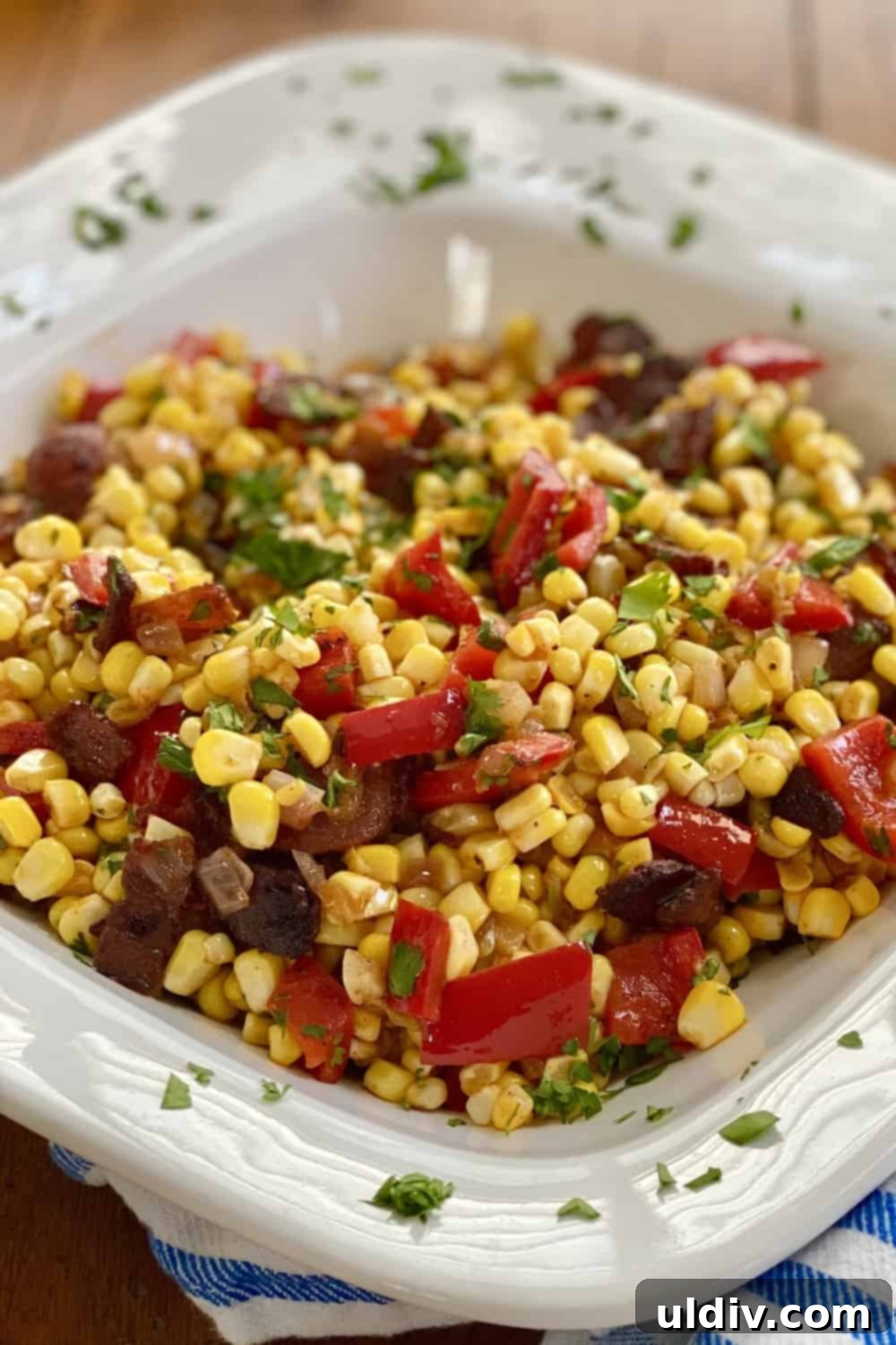 Smoky Bacon Sweet Corn Salad 10 Close-up of a vibrant sweet corn salad with bacon, basil, and red bell peppers, ready to be served
