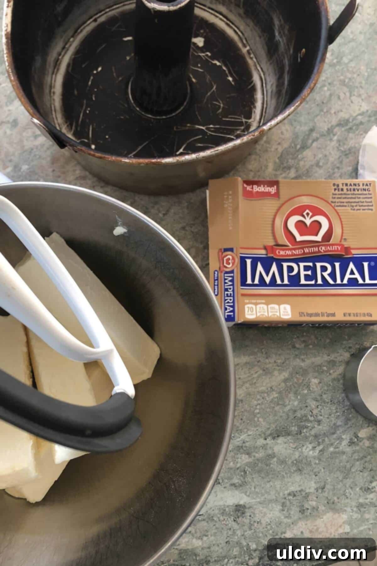 Classic Vanilla Pound Cake 4 tube cake pan and Imperial margarine in a mixing bowl.