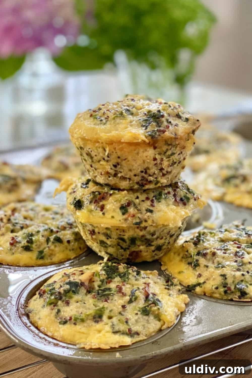 Your Grab-and-Go Morning: Protein-Packed Quinoa Egg Bites 2 Two golden-brown quinoa egg muffins ready to eat, a perfect make-ahead breakfast.