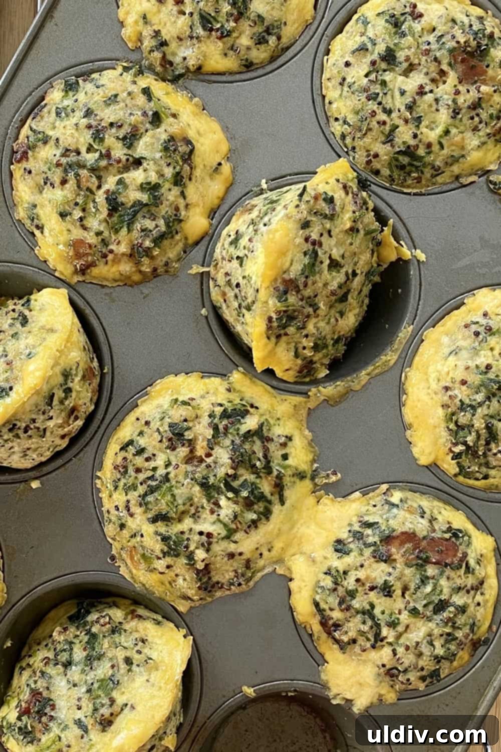 Quinoa Egg Muffins: Breakfast Made Easy 8 Freshly baked quinoa egg muffins still in the muffin pan, golden brown and perfectly puffed, ready for cooling and removal.
