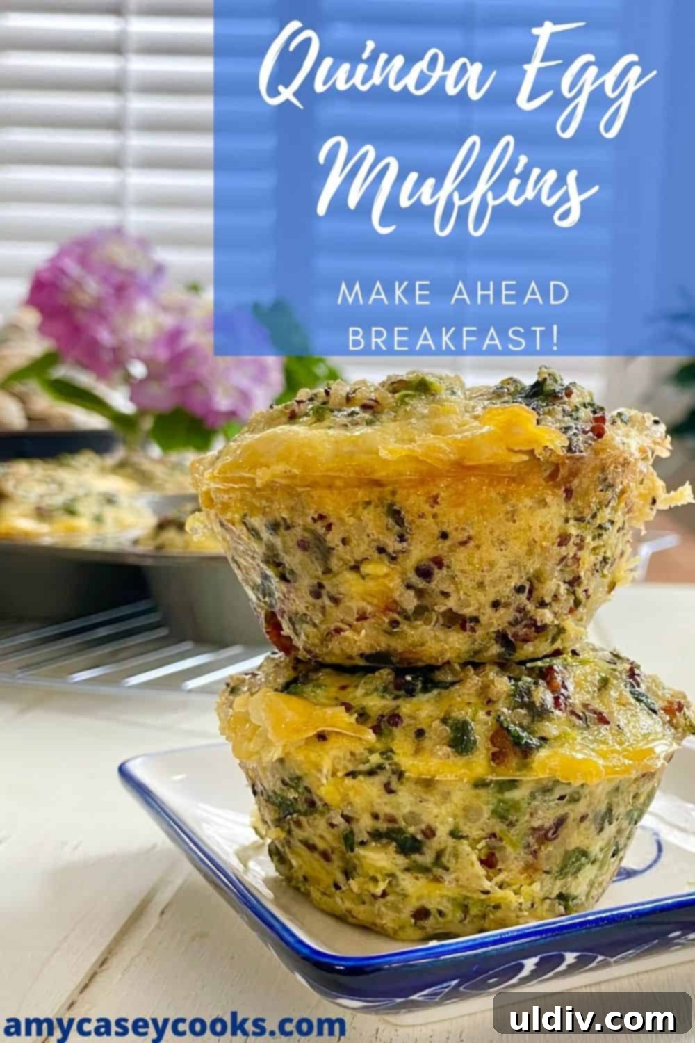 Quinoa Egg Muffins: Breakfast Made Easy 9 Two freshly baked quinoa egg muffins, perfectly stacked, highlighting their golden brown tops and savory filling, ready to be enjoyed as a make-ahead breakfast.