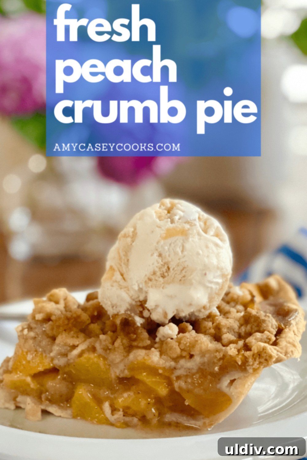 Crisp Bottom Peach Crumble Pie 14 A slice of peach crumb pie with melting vanilla ice cream, ready to be enjoyed.