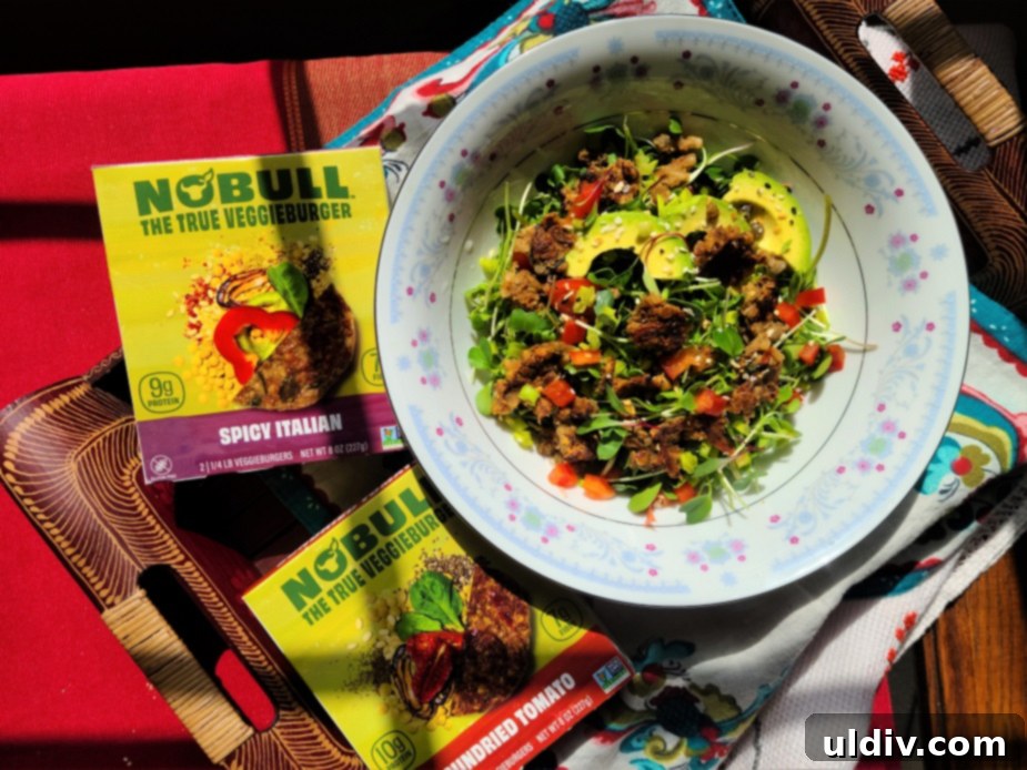 National Nutrition Month Healthy Habits for a Healthy Year 6 Colorful salad with NoBull Burger Spicy Italian patty chunks