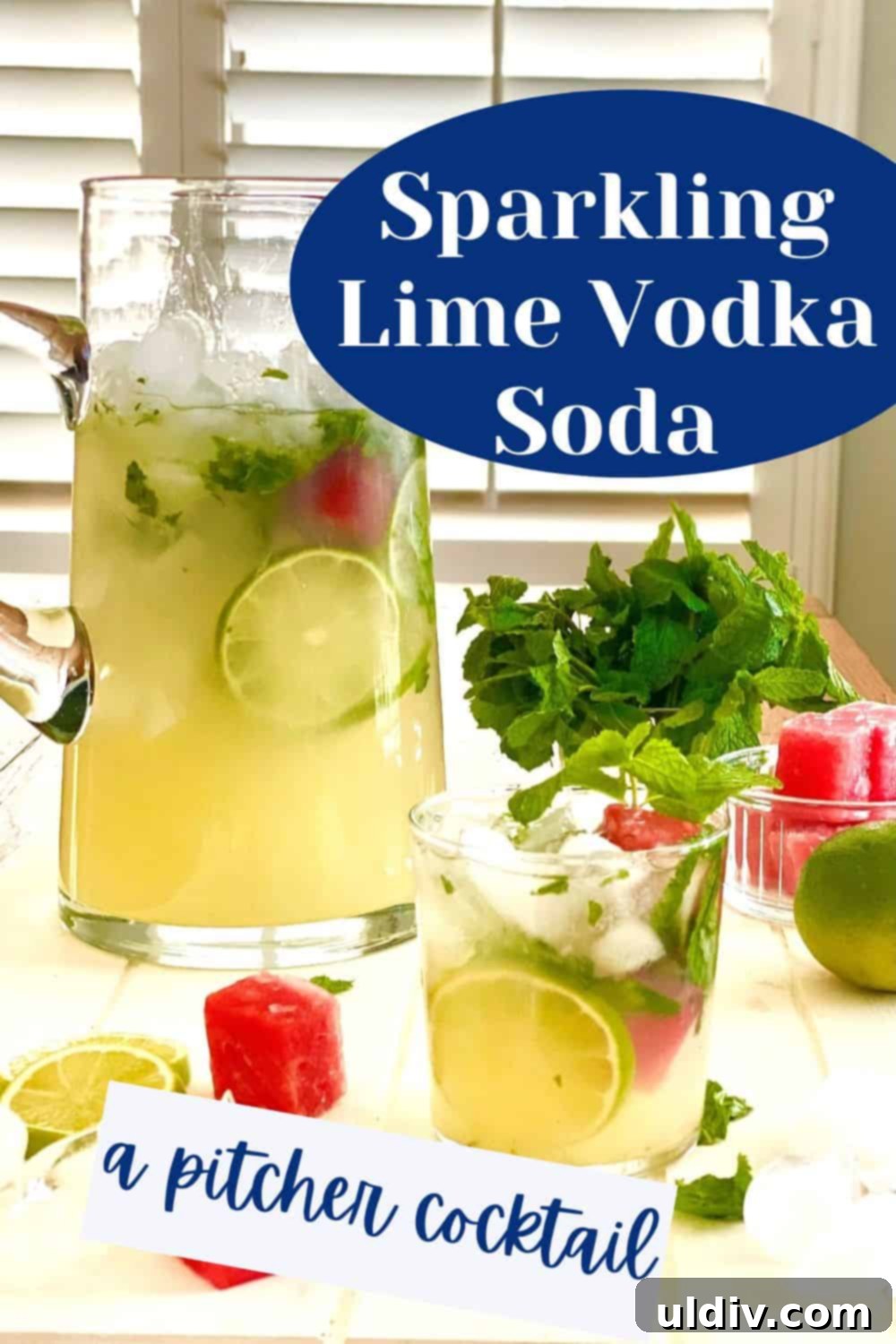 Pitcher Perfect Lime Vodka Fizz 6 A sparkling lime vodka cocktail in a pitcher, ready to be served, with sliced limes and mint garnishes.