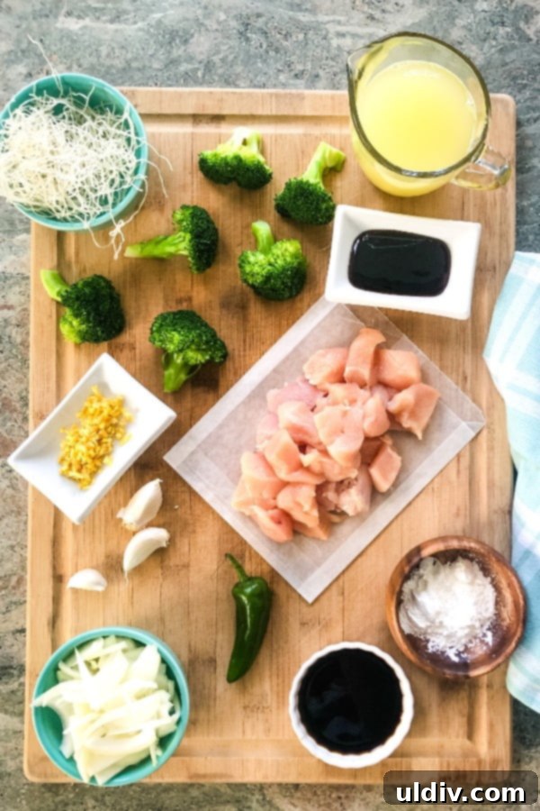 Fiery Jalapeno Chicken Broccoli Stir Fry 3 Various fresh ingredients for chicken stir fry laid out: chicken, broccoli, jalapenos, ginger, garlic, onions, and sauces.