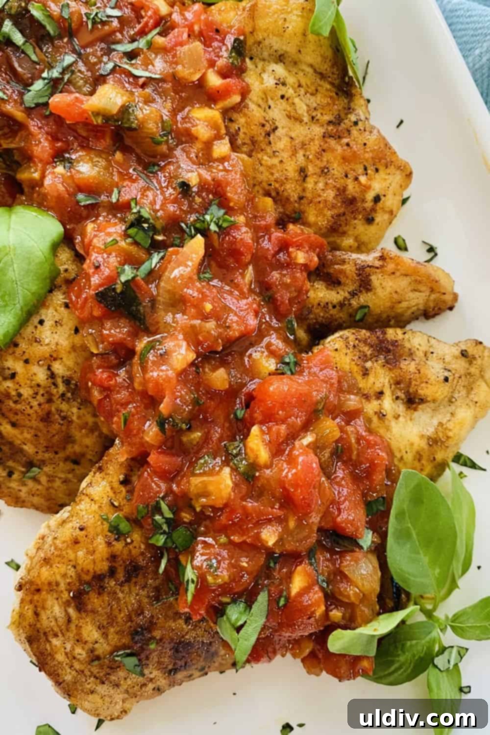 Pan-Seared Chicken with a Sun-Kissed Tomato, Wine & Basil Reduction 2 sauteed chicken breast with tomato pan sauce