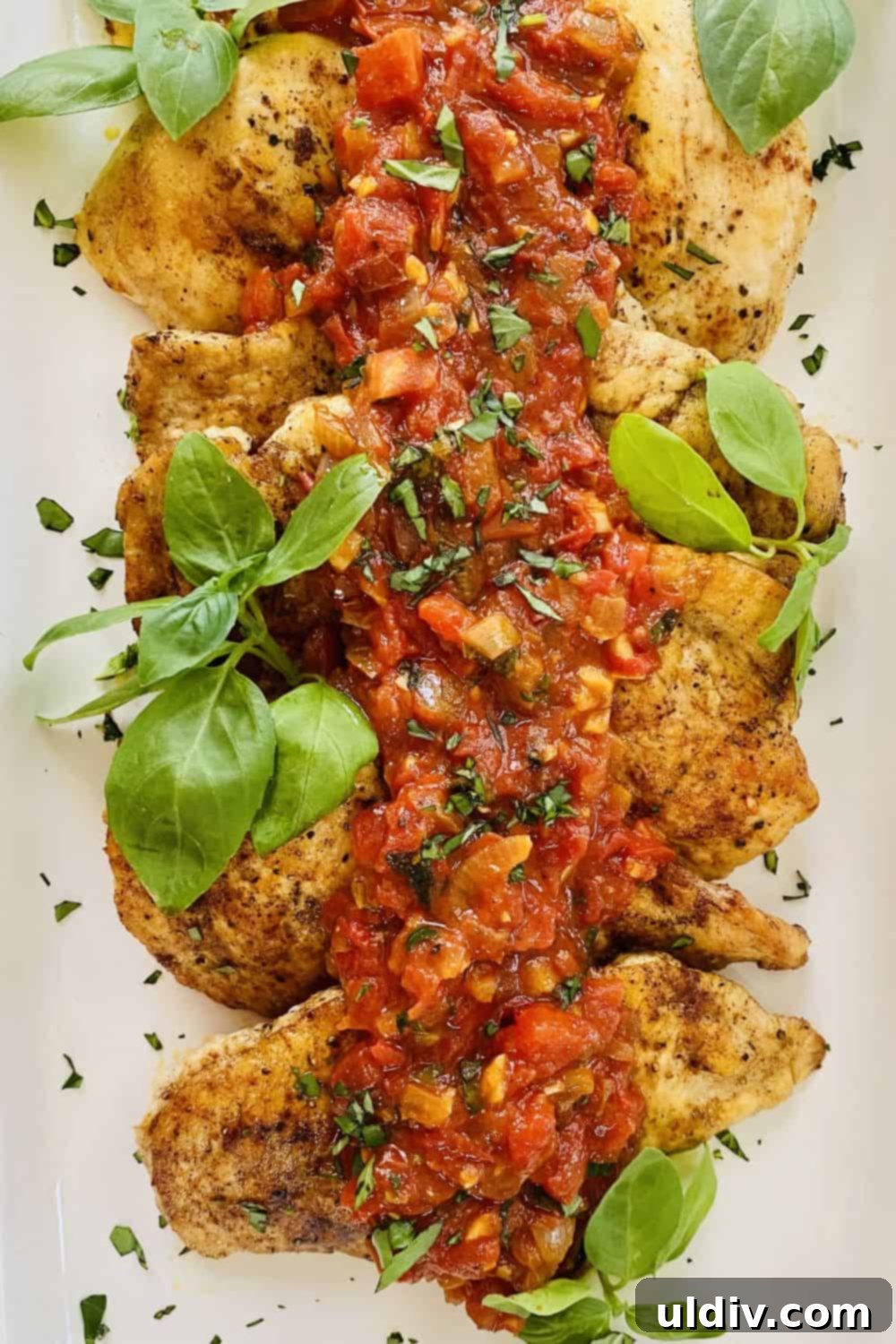 Golden Pan Seared Chicken with Sun Ripened Tomato Wine Basil Sauce 8 Butter sauteed chicken topped with fresh tomato wine and basil sauce
