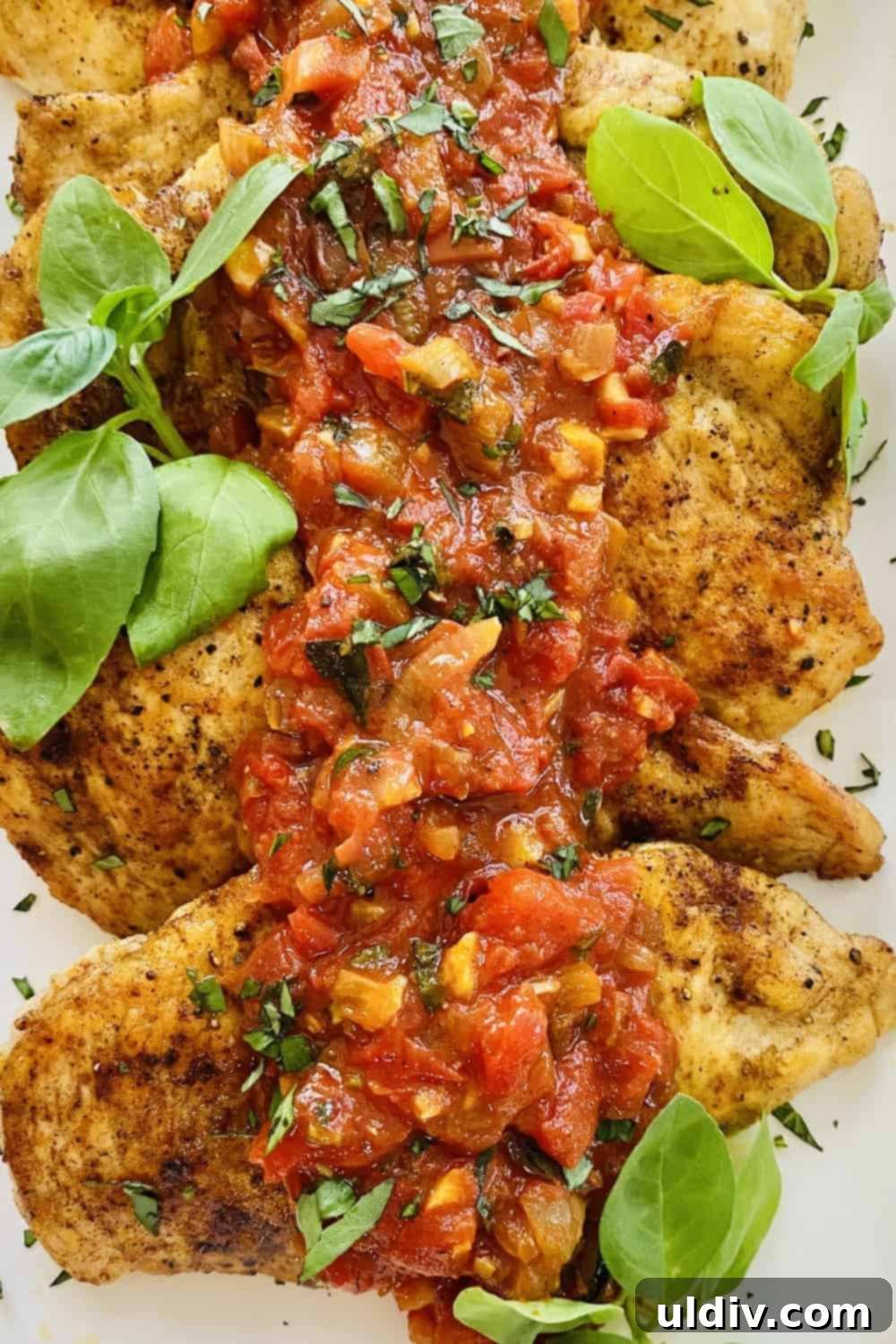 Pan-Seared Chicken with a Sun-Kissed Tomato, Wine & Basil Reduction 10 fresh tomato sauce with wine over chicken