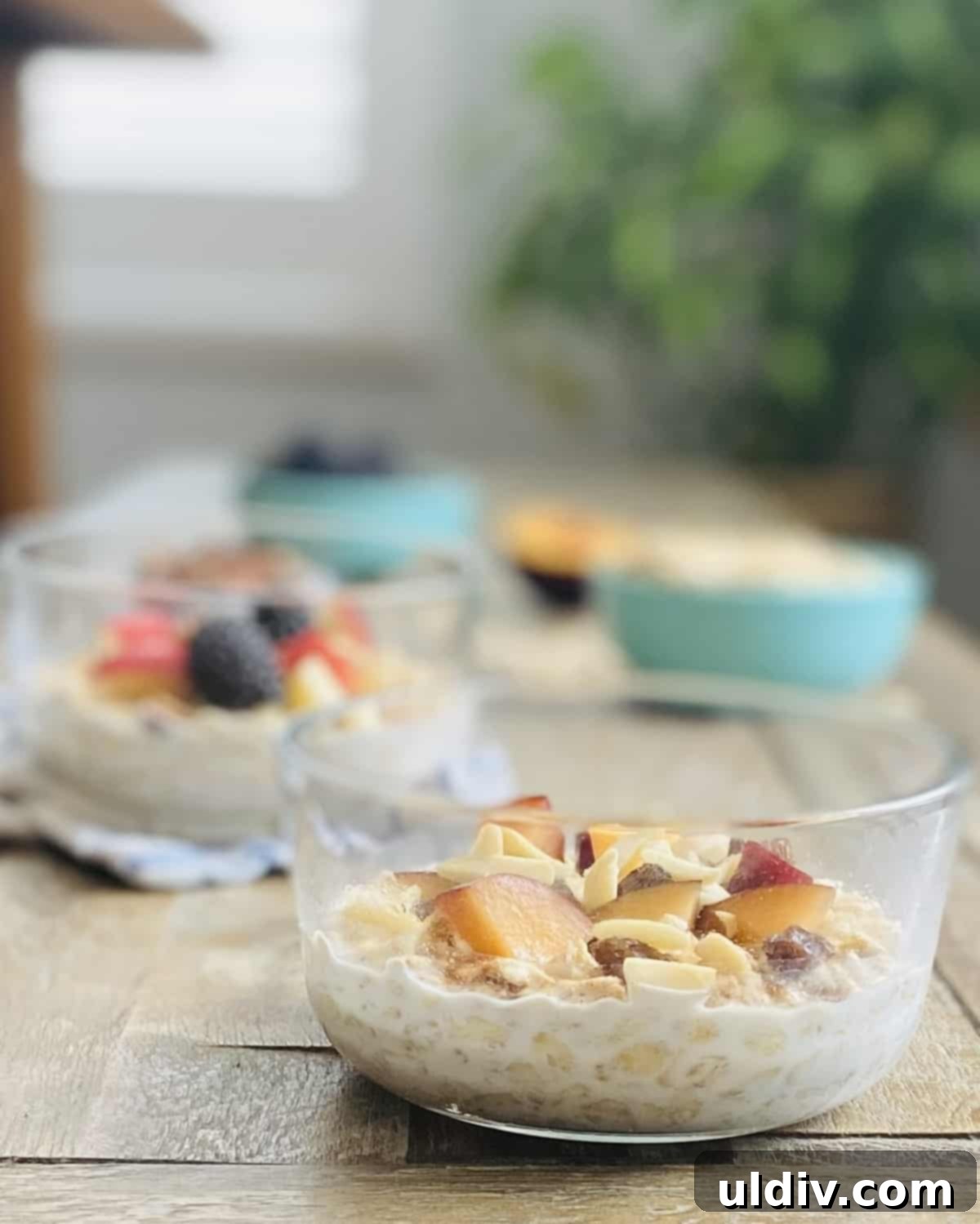 Effortless Overnight Oats 6 Four individual bowls of perfectly prepped make-ahead breakfast oatmeal, each topped with a unique assortment of fresh fruits and nuts, showcasing the versatility of overnight oats.