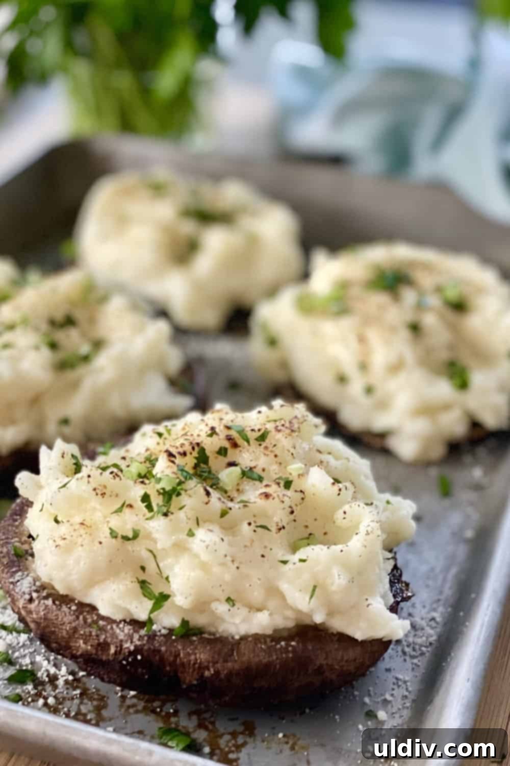 Savory Mashed Potato Portobello Caps 5 Large mashed potato stuffed mushrooms on a baking sheet, ready for the oven.