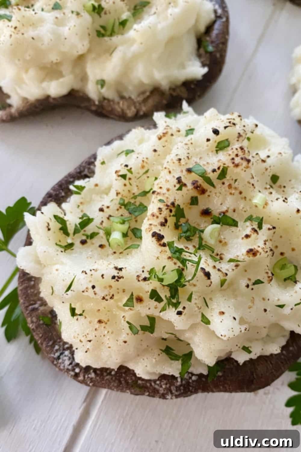 Savory Mashed Potato Portobello Caps 9 A meatless entree of a mashed potato stuffed portobello mushroom, garnished with fresh herbs.