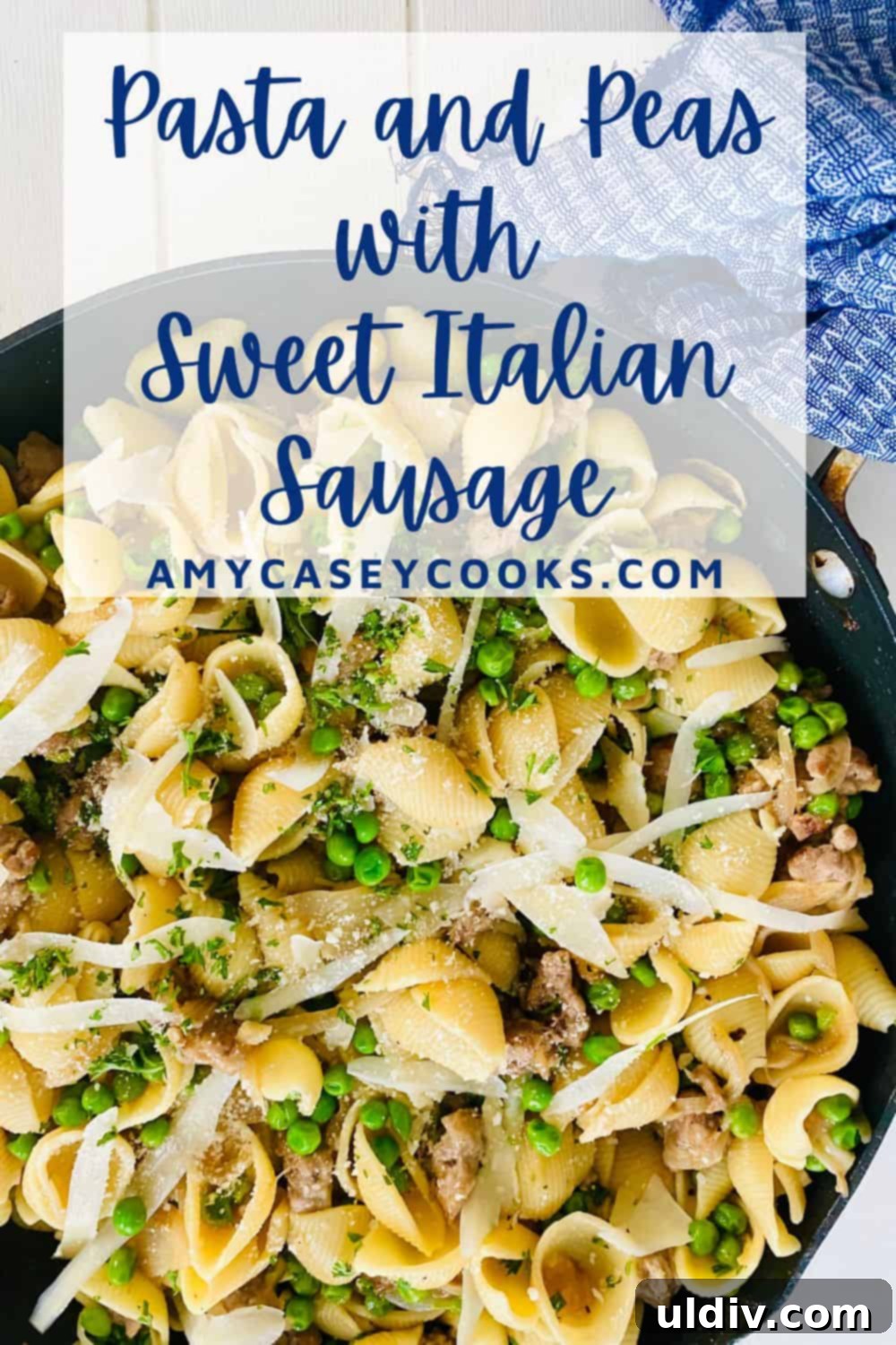 30-Minute Sausage and Pea Pasta 11 A large pan of noodles, sausage and peas.