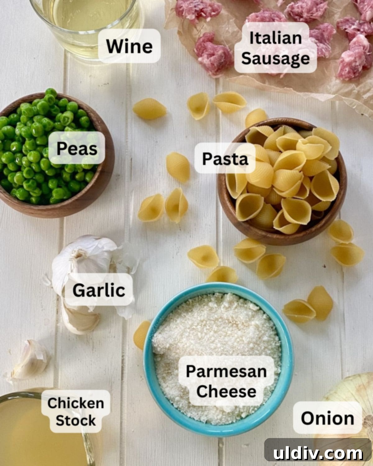 30-Minute Sausage and Pea Pasta 3 Peas, pasta, parmesan cheese, onion, garlic, Italian sausage, chicken stock for pasta and peas.