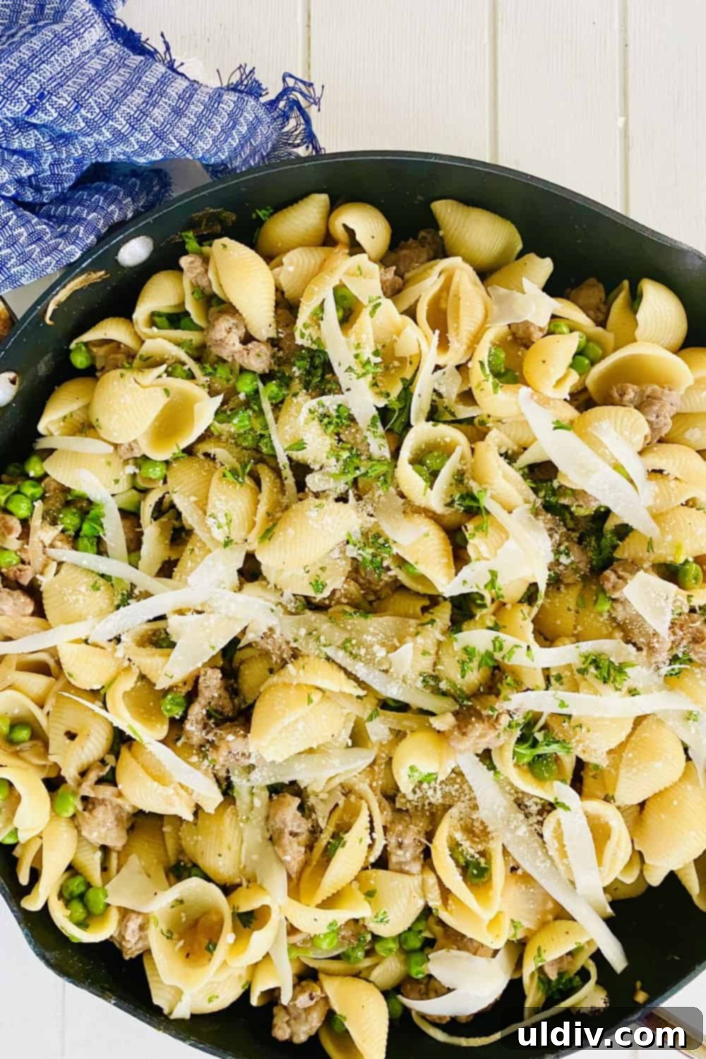 30-Minute Sausage and Pea Pasta 9 A big skillet of shells and Italian sausage.
