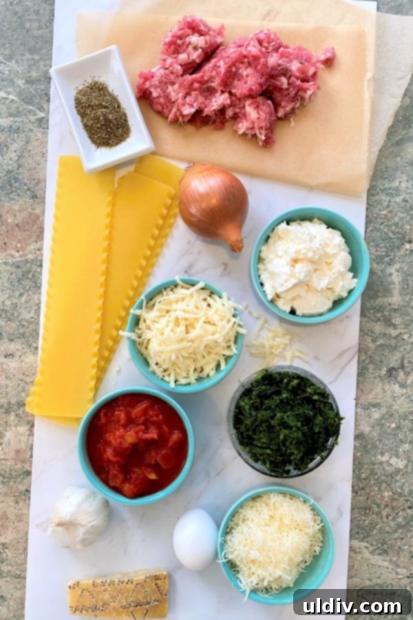 Hearty Spinach and Sausage Lasagna 4 raw ingredients laid out for making a delicious lasagna recipe