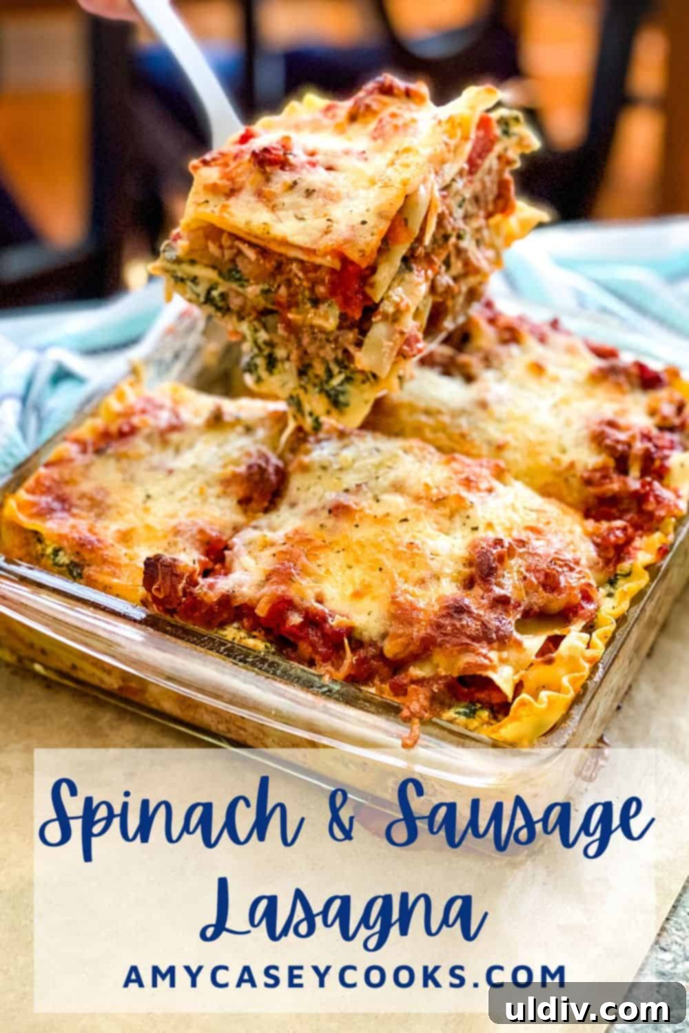 Hearty Spinach and Sausage Lasagna 8 a delicious slice of cheesy, spinach and sausage lasagna on a plate