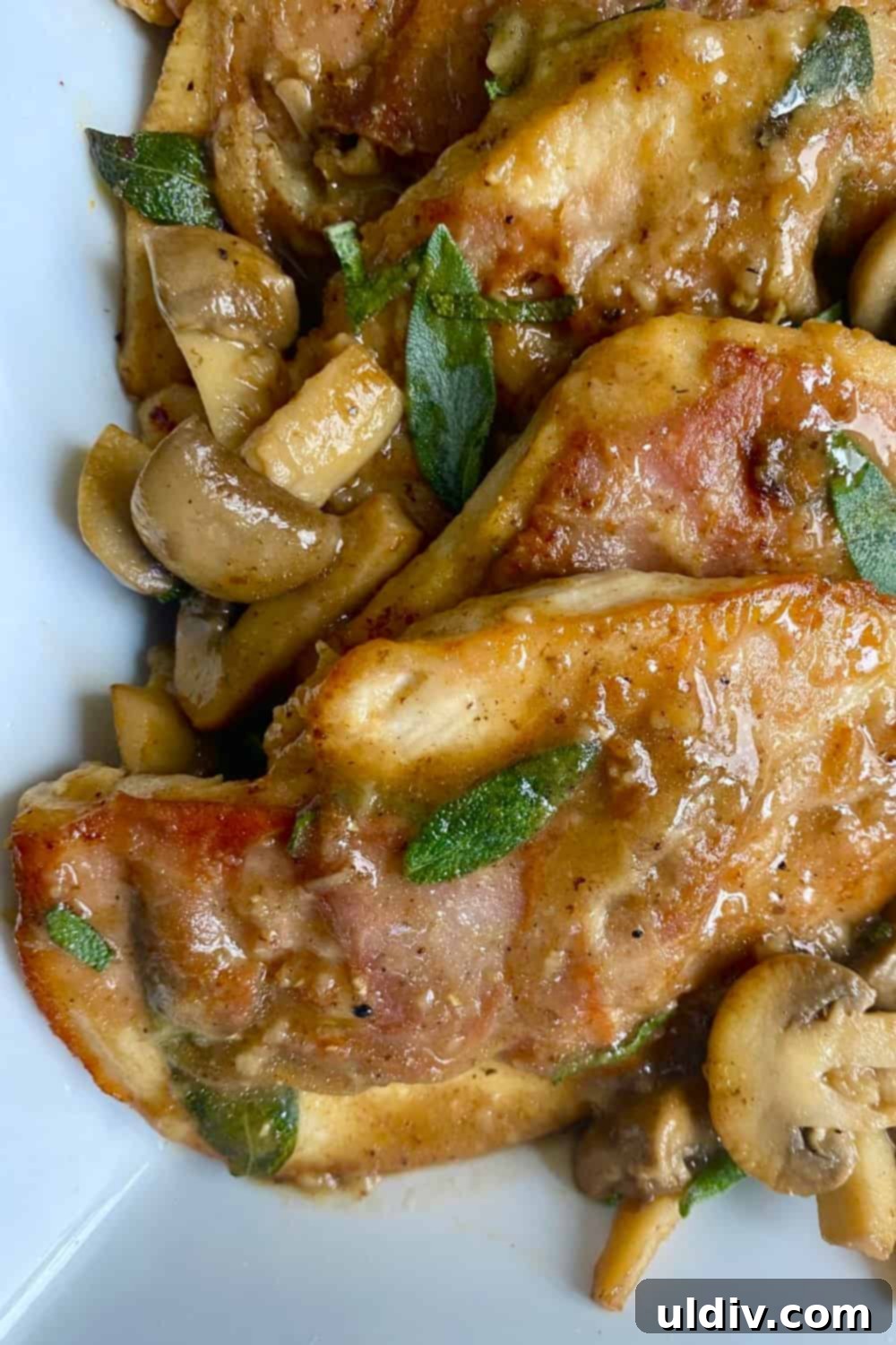 Marsala Mushroom Chicken with Prosciutto and Sage 2 Chicken with prosciutto and a mushroom sauce in a serving dish, showcasing the golden-brown chicken and rich sauce, garnished with fresh herbs.