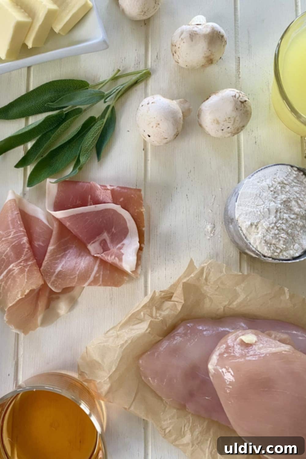 Prosciuttolu, Taze Adaçayı ve Marsala Mantar Soslu Tavuk 3 Mushrooms, prosciutto, chicken, sage, marsala wine, flour, and chicken stock arranged on a rustic wood counter, ready for cooking.