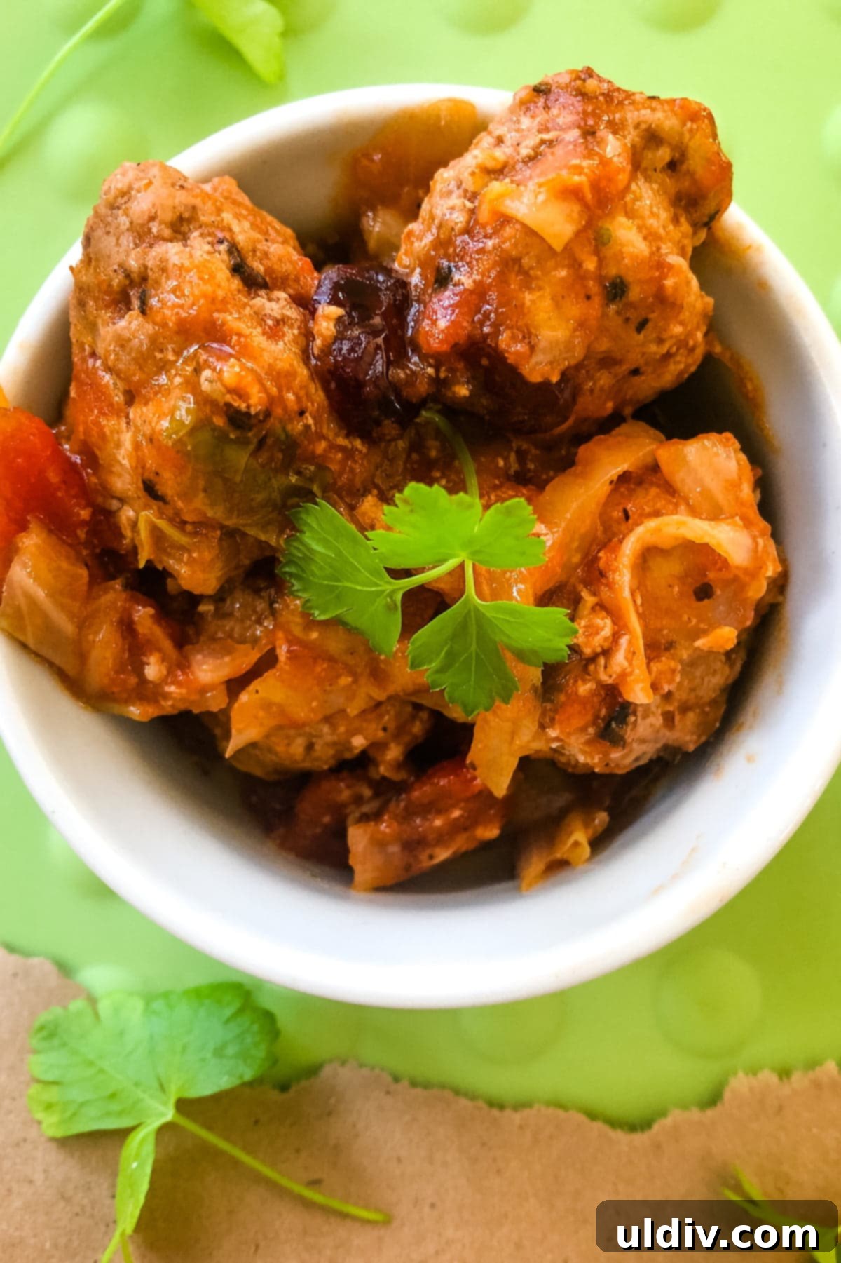 Cabbage Roll Meatball Bake 5 Small bowl presenting Cabbage Roll Meatballs, highlighting the rich sauce and tender meat