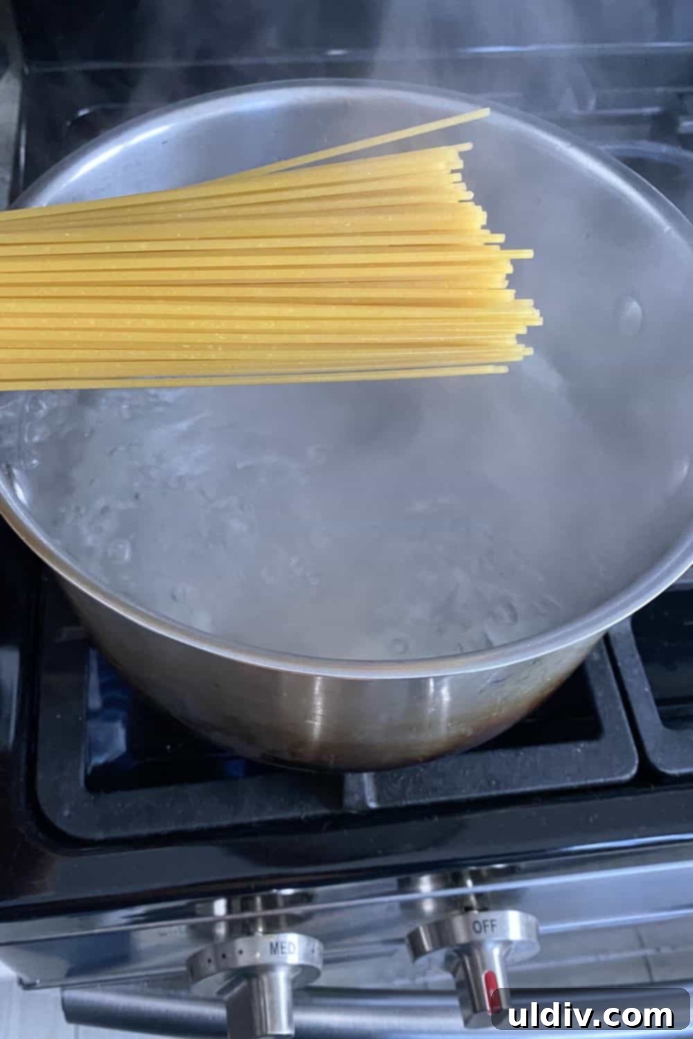 Creamy Garlic Parmesan Noodles 5 adding fettuccine to boiling water in a pot