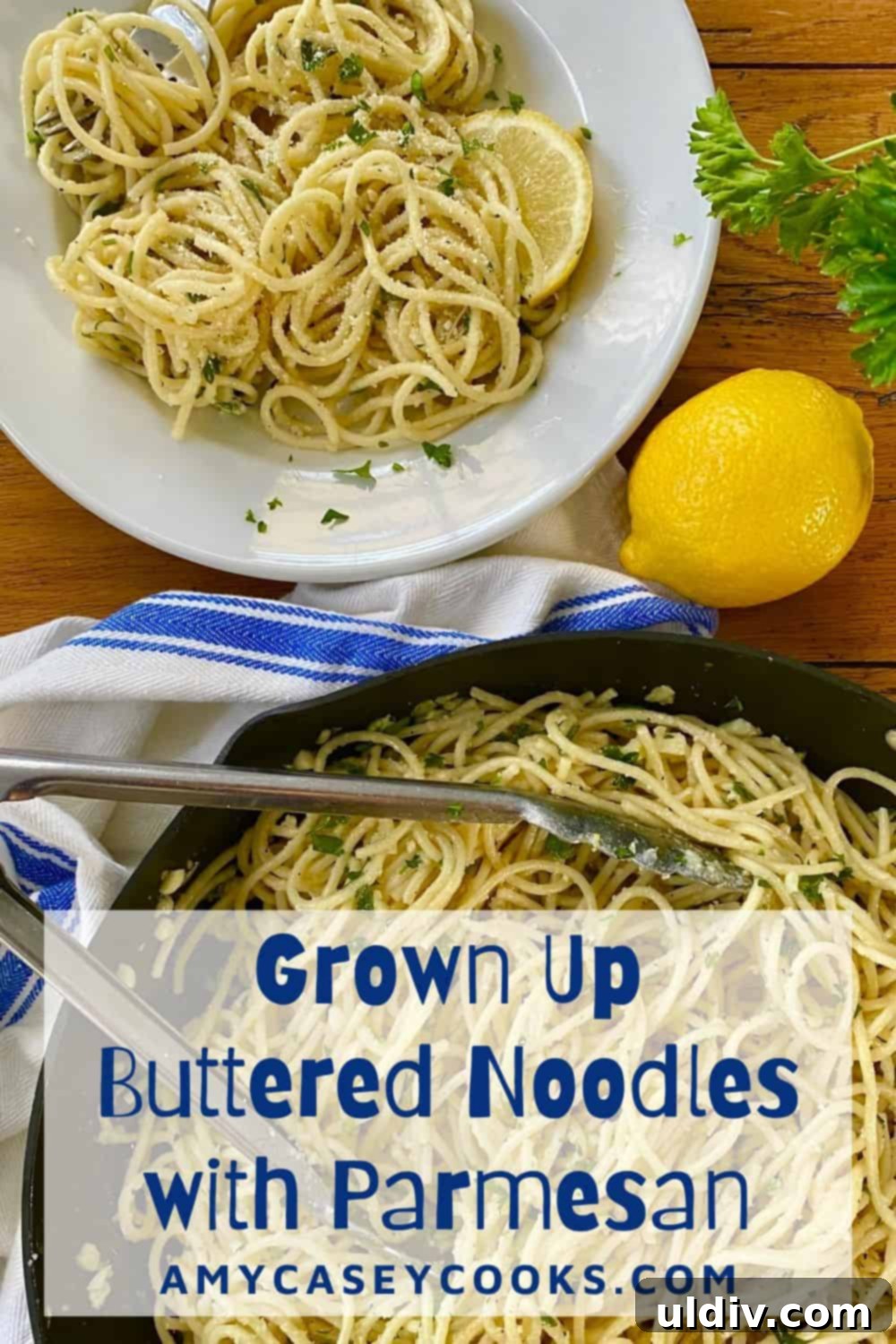 Creamy Garlic Parmesan Noodles 9 single serving of buttered noodles with Parmesan and a large skillet full of noodles