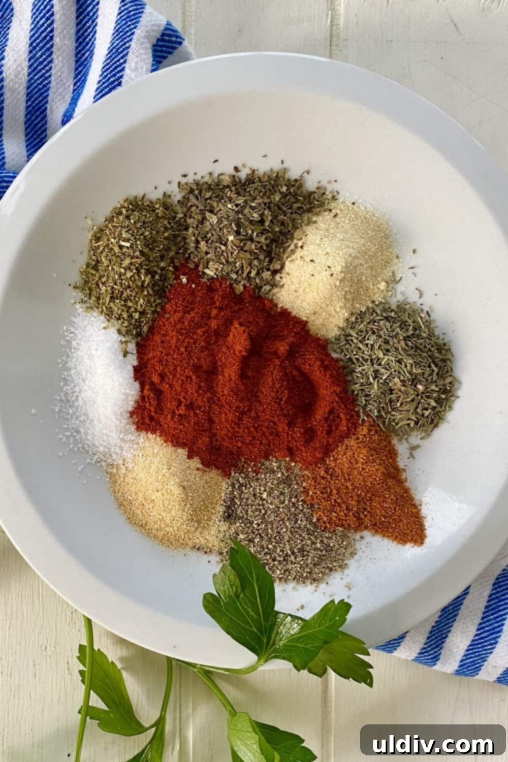 Spiced Tuna Poppers with Tangy Pickle Dip 4 A selection of spices including paprika, thyme, basil, oregano, onion powder, garlic powder, cayenne pepper, and black pepper, ready for the homemade blackened seasoning blend.