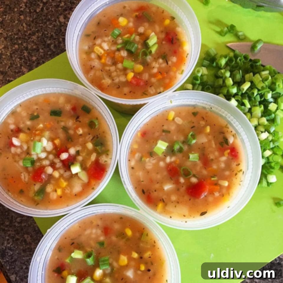 Hearty Vegan Barley Vegetable Soup 2 Deli containers with vegetable barley soup.
