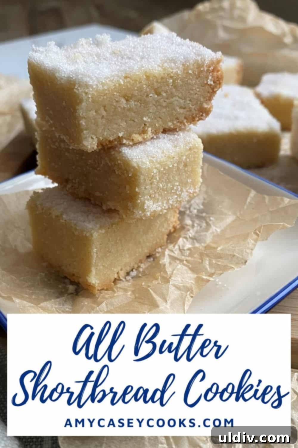 Gourmet Sugared Shortbread 8 Three buttery sugared shortbread cookies stacked on top of each other, showcasing their delicate texture.