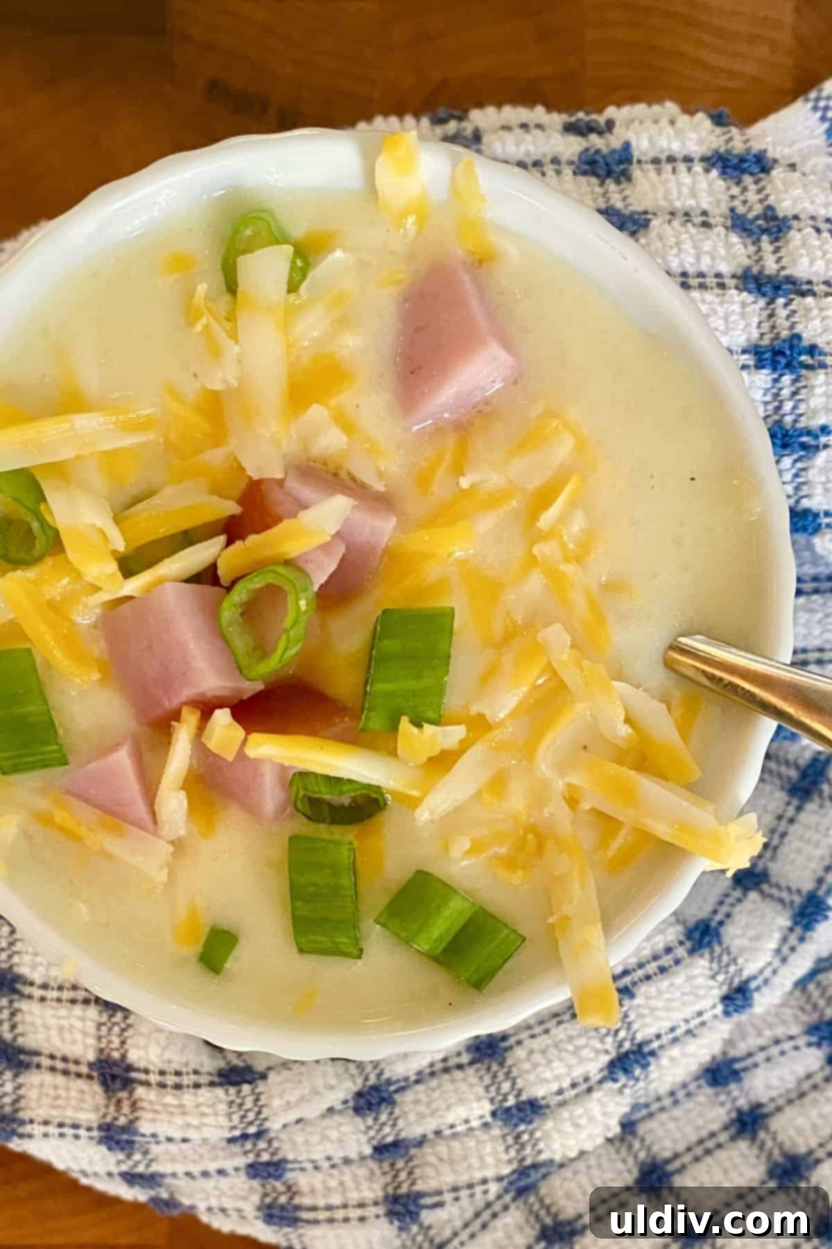 30-Minute Easy Cheesy Ham and Potato Soup 8 A close-up shot of a single bowl of cheesy ham and potato soup, generously topped with melted cheese, diced ham, and fresh green scallions.