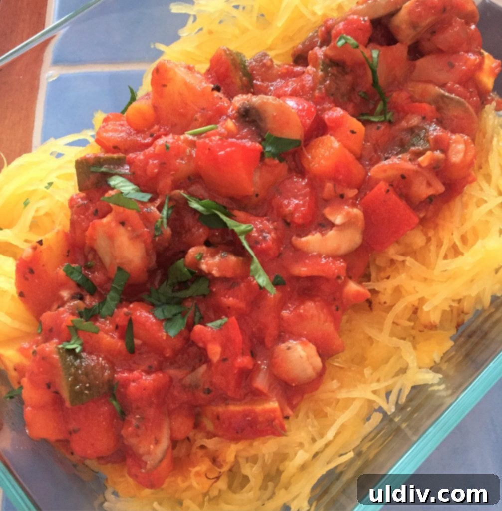 Veggie Bolognese on Golden Spaghetti Squash 2 A vibrant Vegetable Bolognese served over delicate strands of roasted spaghetti squash.