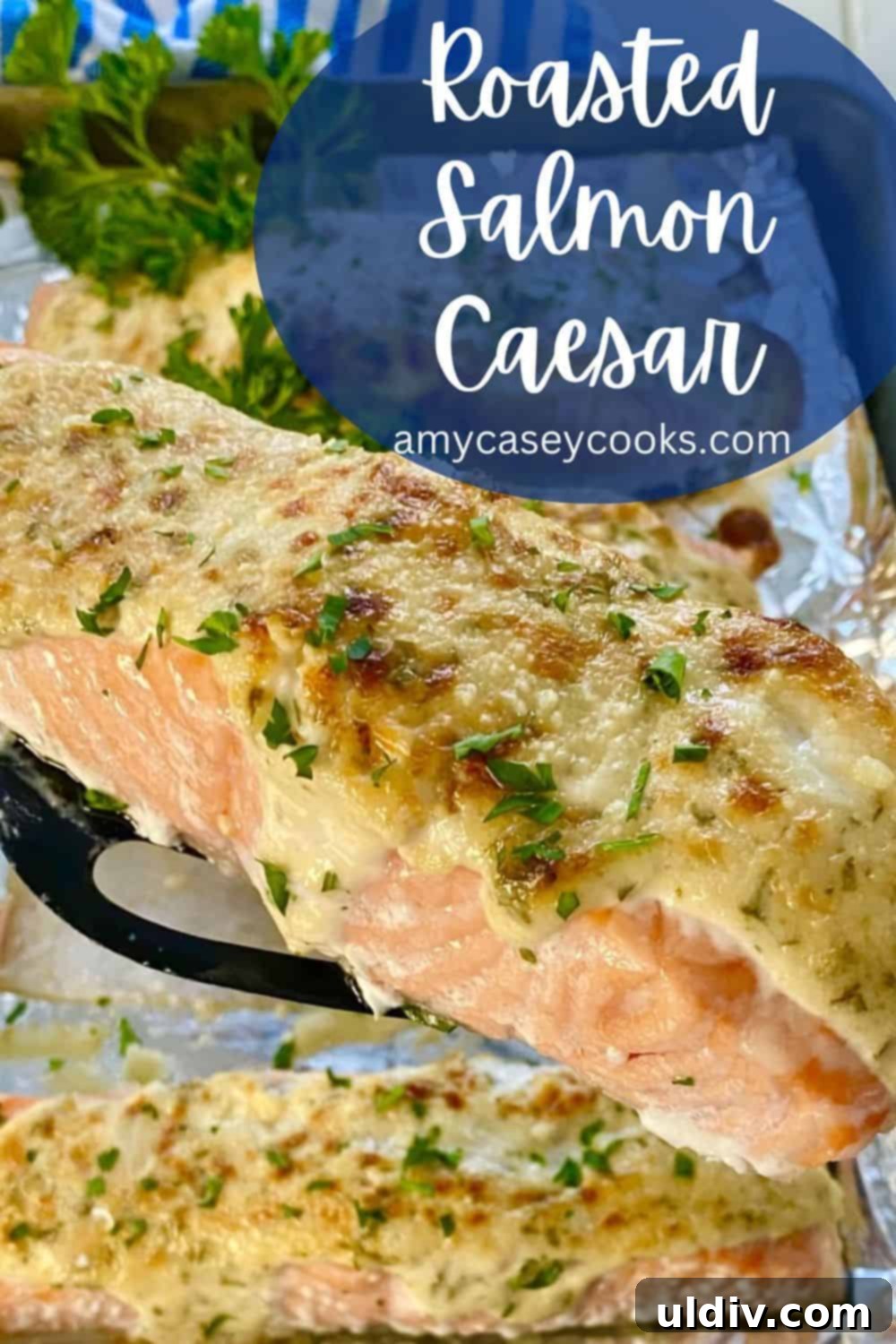 Roasted Salmon Caesar Salad 7 Two pieces of roasted salmon with a creamy Caesar topping, garnished with fresh parsley.