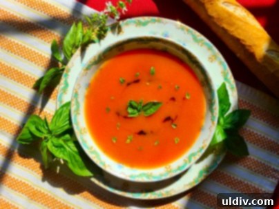 Ponti: A Culinary Symphony of Heritage and Future 4 A bowl of rich tomato soup, drizzled with Ponti organic balsamic glaze and garnished with fresh basil, served with crusty bread.